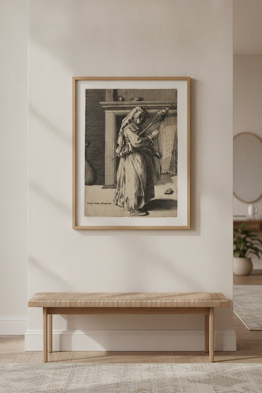 Old Woman with a Distaff — framed art in a styled interior