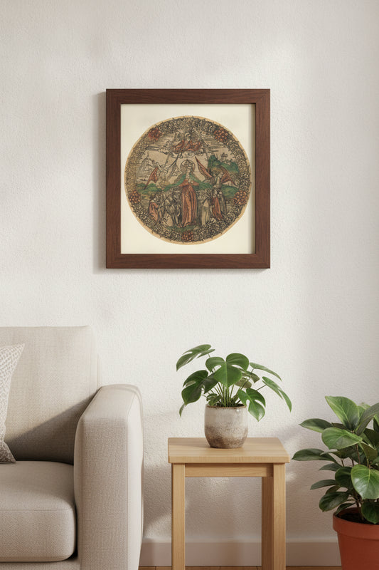 Madonna in a Wreath of Roses — framed art in a styled interior
