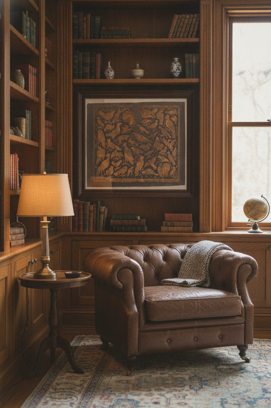 Endpaper with Birds — framed art in a styled interior