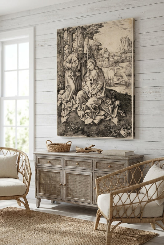 The Holy Family in a Landscape — framed art in a styled interior