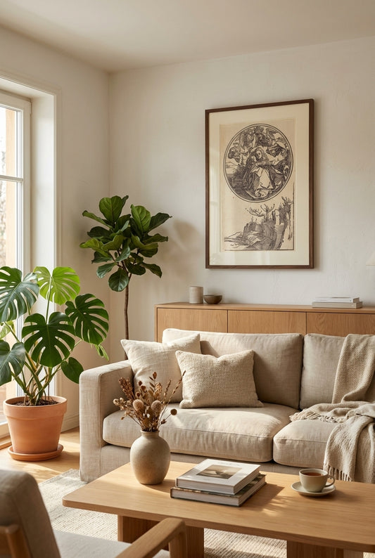 The Virgin Crowned by Two Angels above a Landscape — framed art in a styled interior
