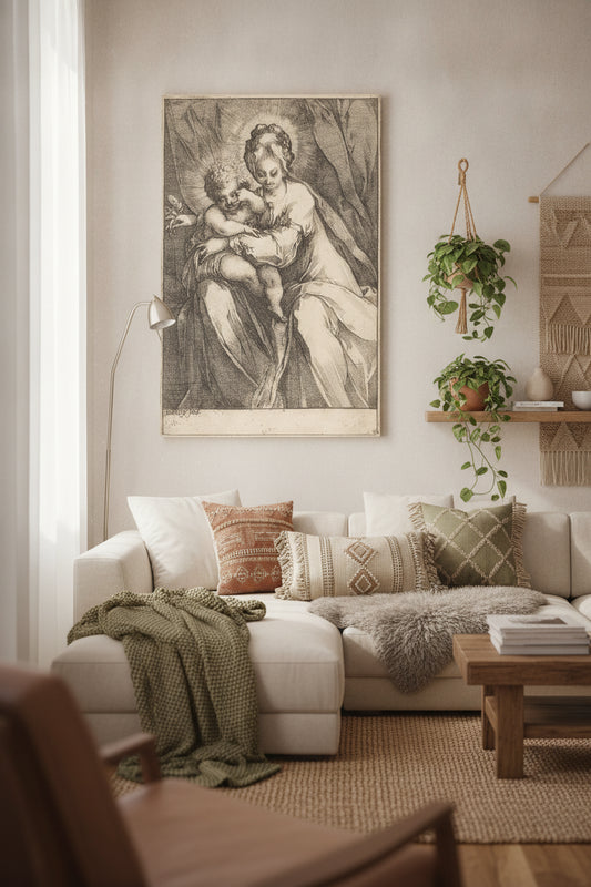The Virgin and Child with a Rose — framed art in a styled interior