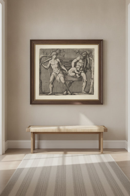 Two Fauns Carrying a Child — framed art in a styled interior