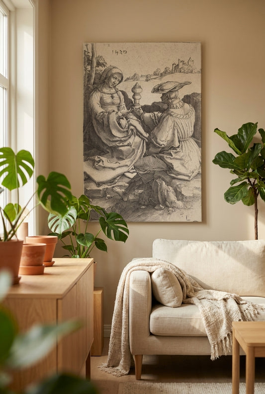 A Nobleman and a Lady Seated in a Landscape — framed art in a styled interior