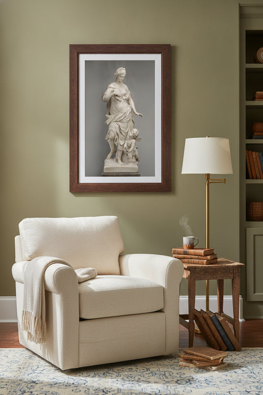 A Garden Allegory: The Dew and Zephyr Cultivating Flowers — framed art in a styled interior