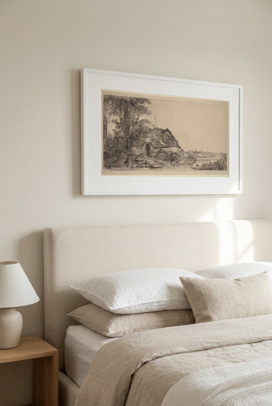Landscape with a Cottage and a Large Tree — framed art in a styled interior