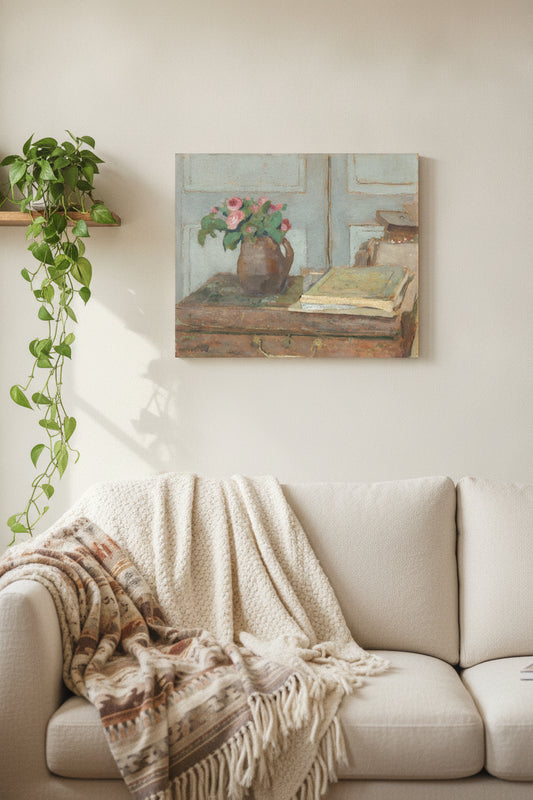 The Artist's Paint Box and Moss Roses — framed art in a styled interior