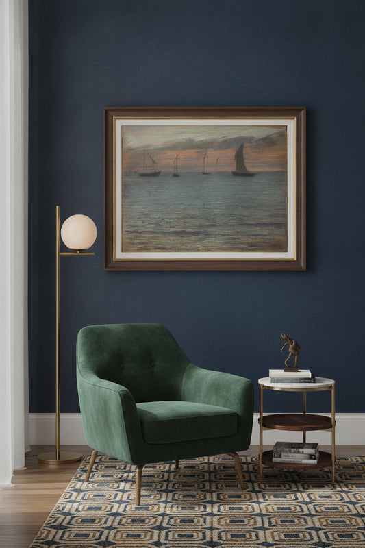 A Seascape at Sunset — framed art in a styled interior
