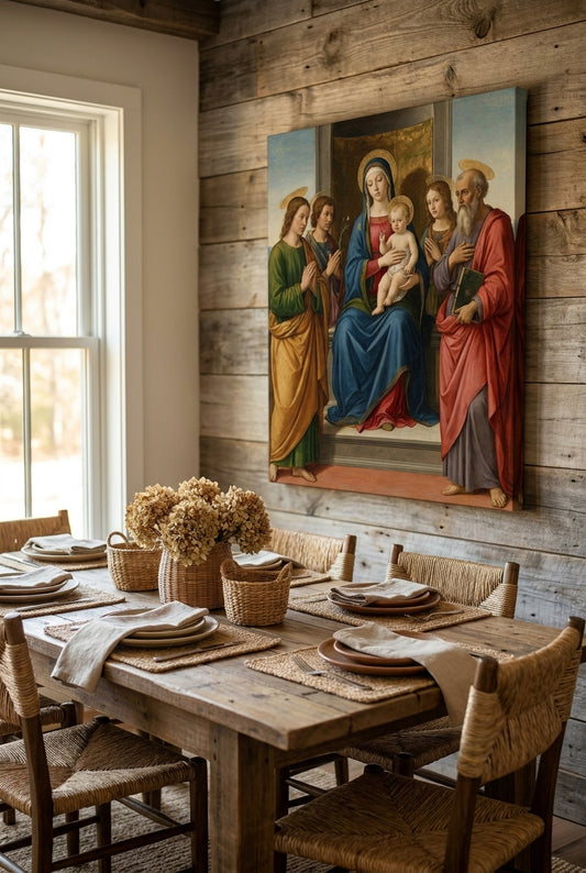Madonna and Child with Saint Jerome and Saint John the Baptist — framed art in a styled interior