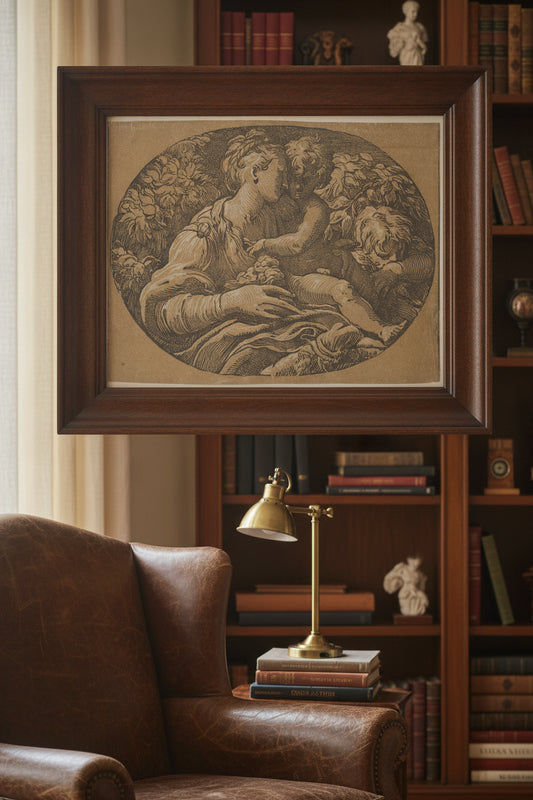 The Virgin with the Rose — framed art in a styled interior