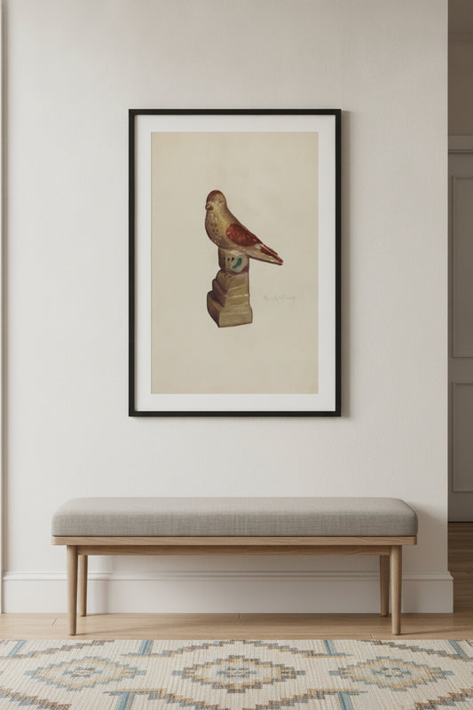 Chalkware Bird — framed art in a styled interior