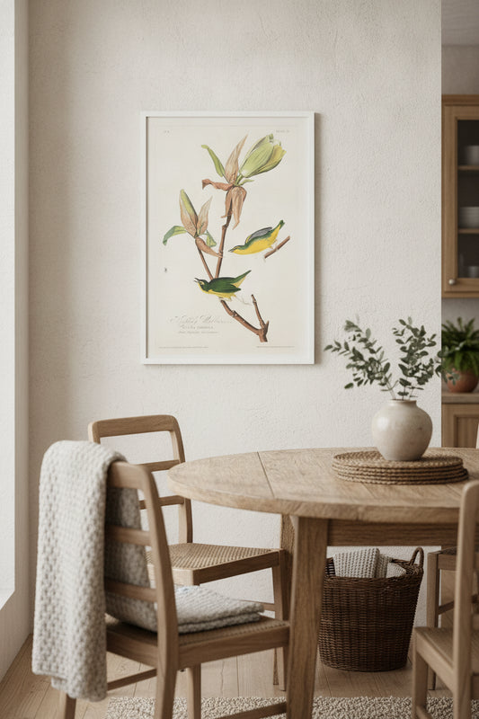 Kentucky Warbler — framed art in a styled interior