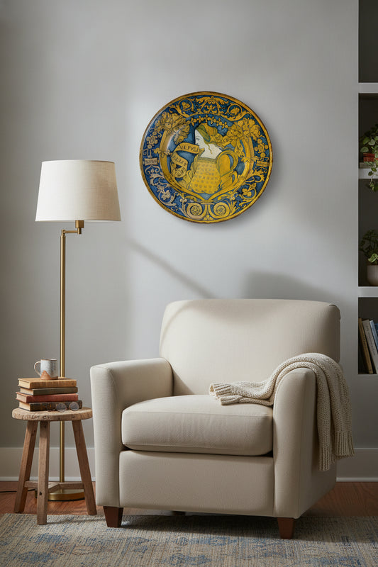 Large dish with border of floral scrollwork and cornucopias; in the center, profile bust of "Faustina" — framed art in a styled interior