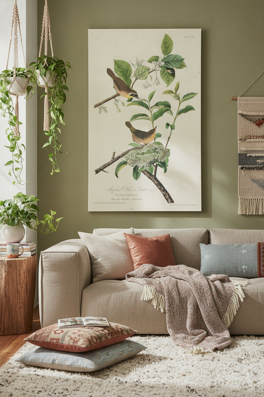 Maryland Yellow Throat — framed art in a styled interior