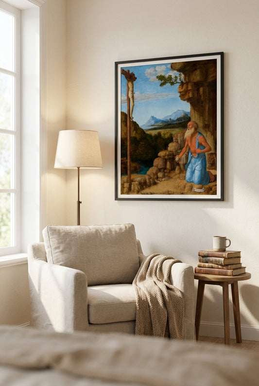 Saint Jerome in the Wilderness — framed art in a styled interior