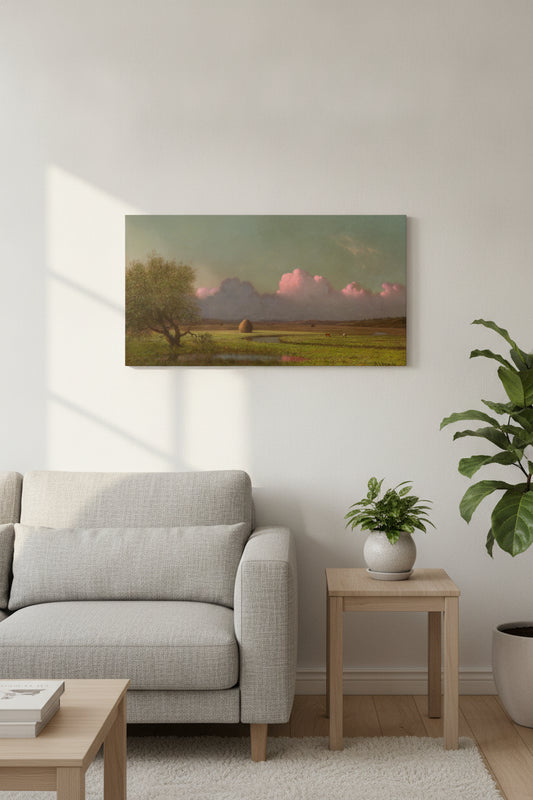 Sunlight and Shadow: The Newbury Marshes — framed art in a styled interior