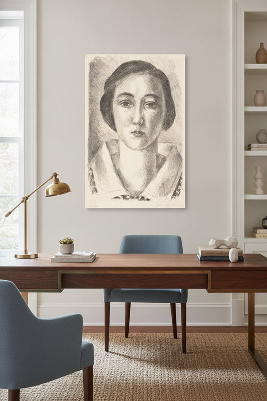 Young Girl in Flowered Dress with Organdy Collar (Jeune fille en robe fleurie au col d'organdi) — framed art in a styled interior
