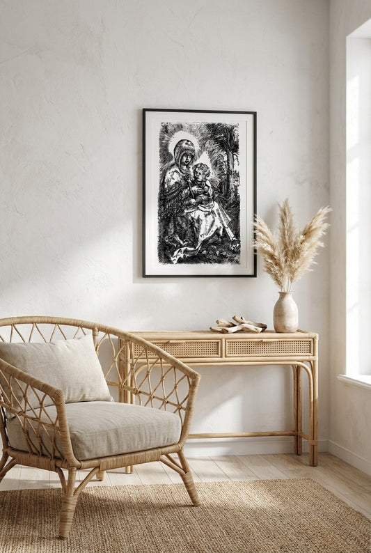 The Beautiful Virgin of Regensburg Seated in a Landscape — framed art in a styled interior