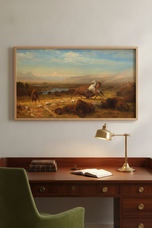 The Last of the Buffalo — framed art in a styled interior