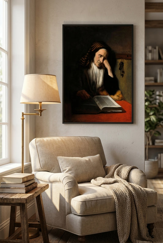 An Old Woman Dozing over a Book — framed art in a styled interior