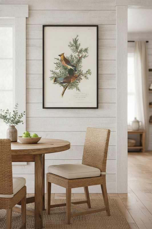 Cedar Bird — framed art in a styled interior