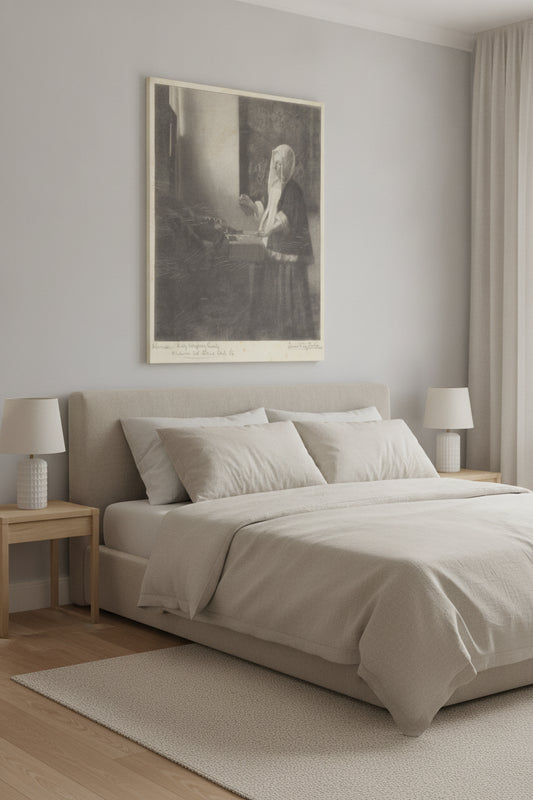 Woman Weighing Pearls — framed art in a styled interior