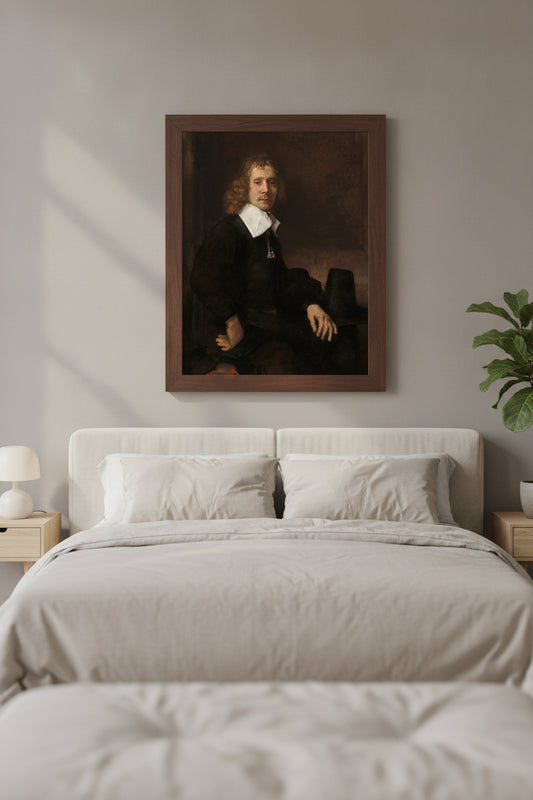A Young Man Seated at a Table (possibly Govaert Flinck) — framed art in a styled interior