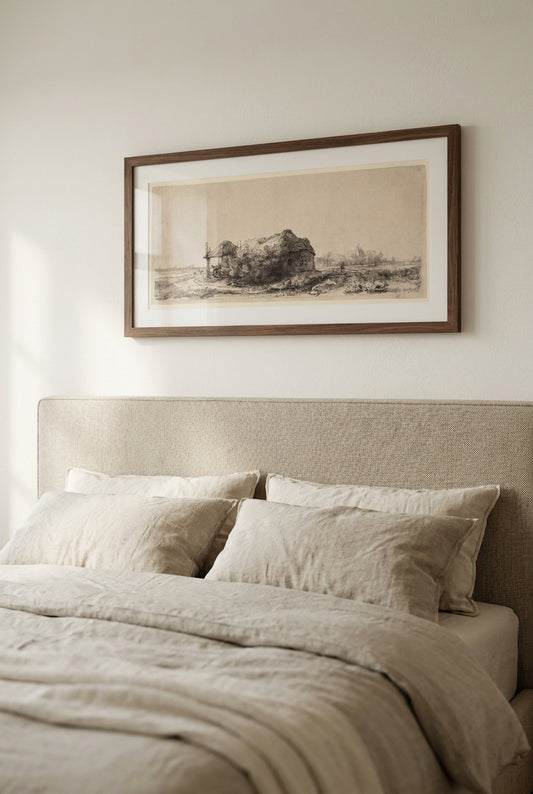 Landscape with a Cottage and Hay Barn: Oblong — framed art in a styled interior