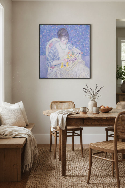 The Basket of Flowers — framed art in a styled interior