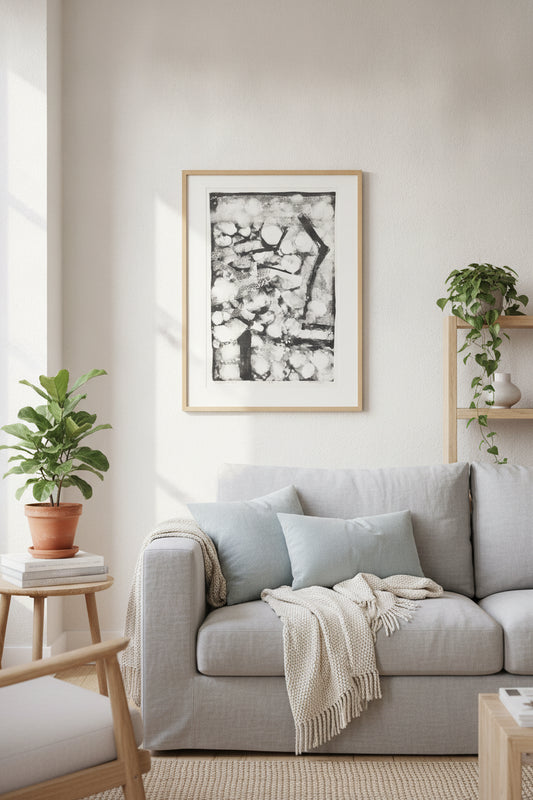 Blossoms and Snow — framed art in a styled interior