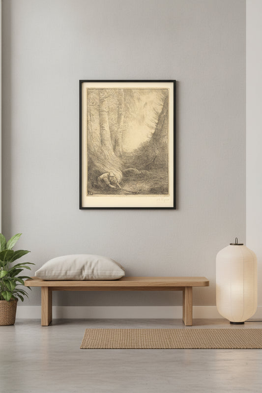 Burning the Grasses (Le bruleur d'herbes) — framed art in a styled interior