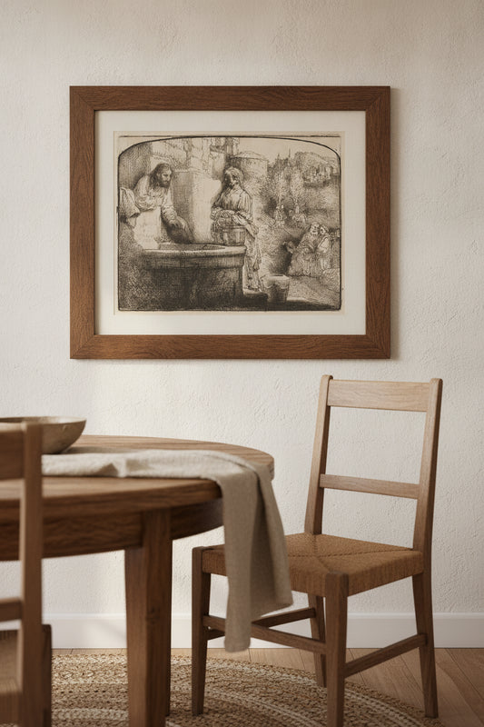Christ and the Woman of Samaria: an Arched Print — framed art in a styled interior