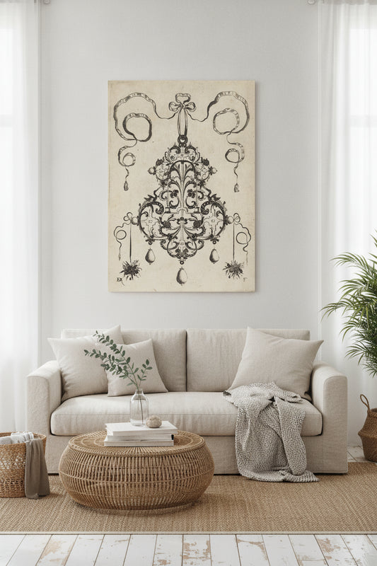 Large Pendant, Lower Left and Right Two Bunches of Grass and Fruit — framed art in a styled interior