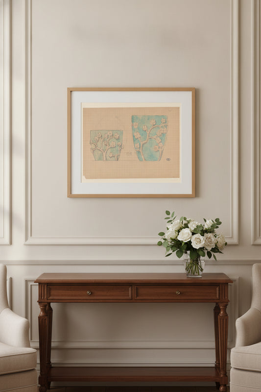 Two Pots with Floral Designs — framed art in a styled interior
