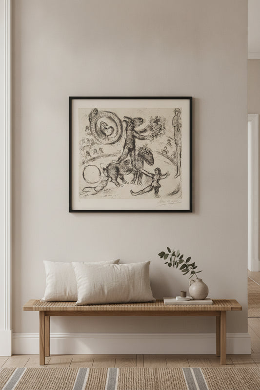 Donkey with Bouquet of Flowers — framed art in a styled interior