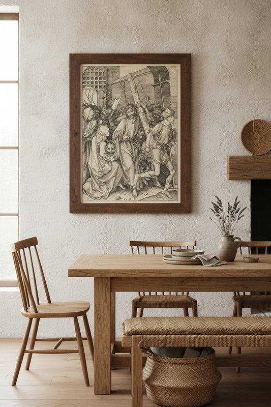 The Bearing of the Cross with Saint Veronica — framed art in a styled interior
