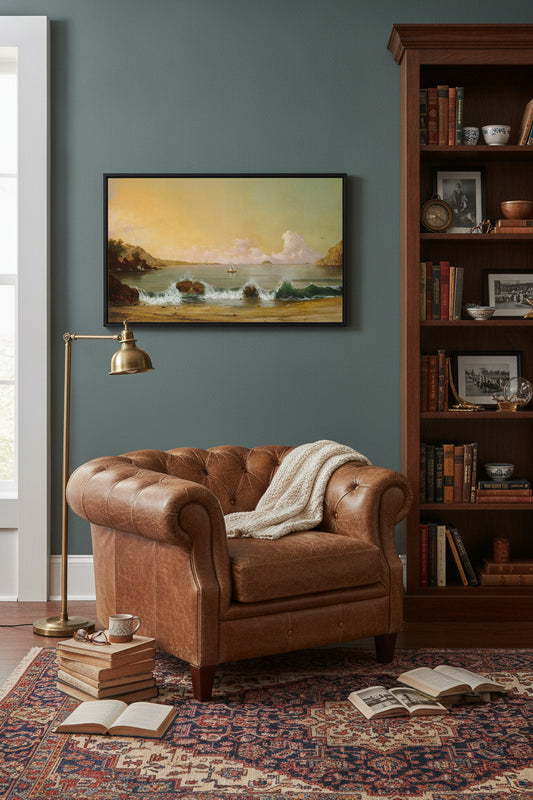 Rio de Janeiro Bay — framed art in a styled interior
