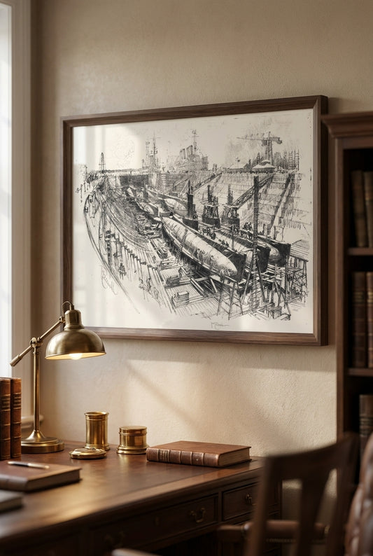 Submarines in Dry Dock — framed art in a styled interior