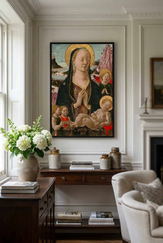 Madonna and Child with Angels — framed art in a styled interior
