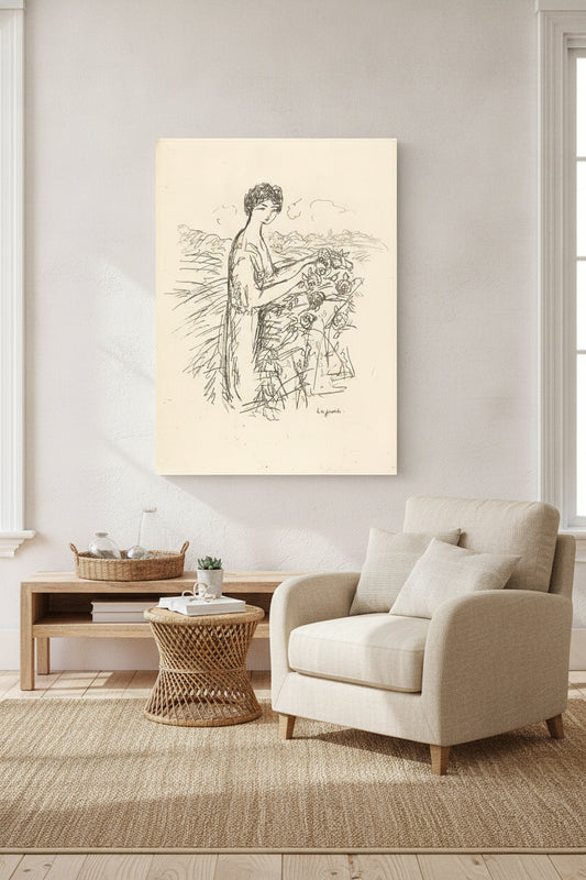 Woman Standing beside a Rosebush — framed art in a styled interior