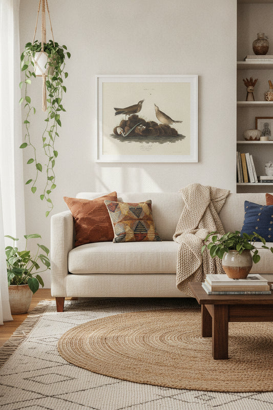 Brown Lark — framed art in a styled interior