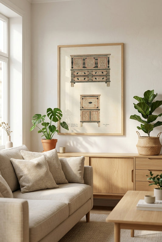 Tulip and Sunflower Chest — framed art in a styled interior