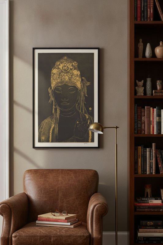 Bodhisattva No. 3 — framed art in a styled interior