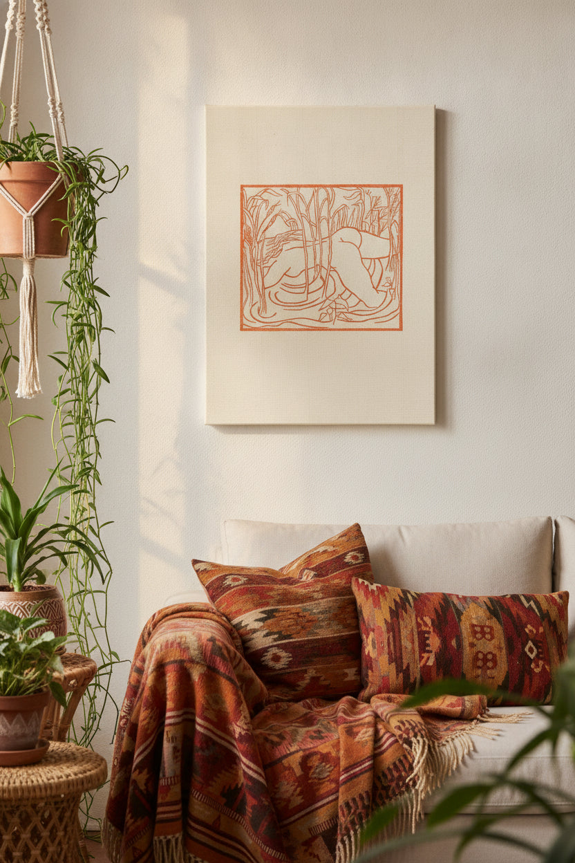 Second Book: Syrinx Disappears in a Grove of Reeds (Syringe, poursuivie par Pan, se jette dans un marais et disparait dans les roseaux) — framed art in a styled interior