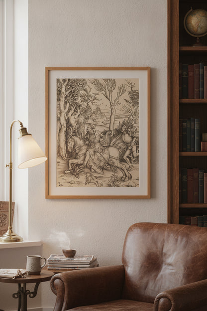 The Knight on Horseback and the Lansquenet — framed art in a styled interior