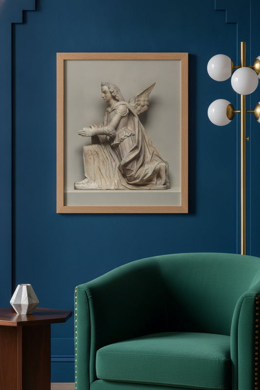 Kneeling Angel — framed art in a styled interior