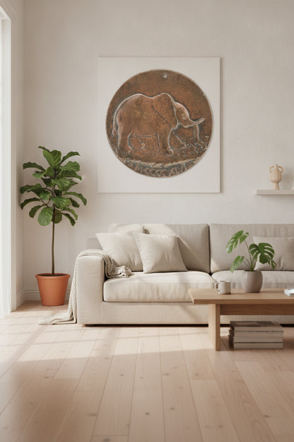 The Malatesta Elephant in a Meadow [reverse] — framed art in a styled interior
