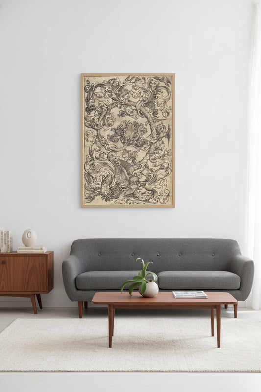 Ornament with Owl Mocked by Day Birds — framed art in a styled interior