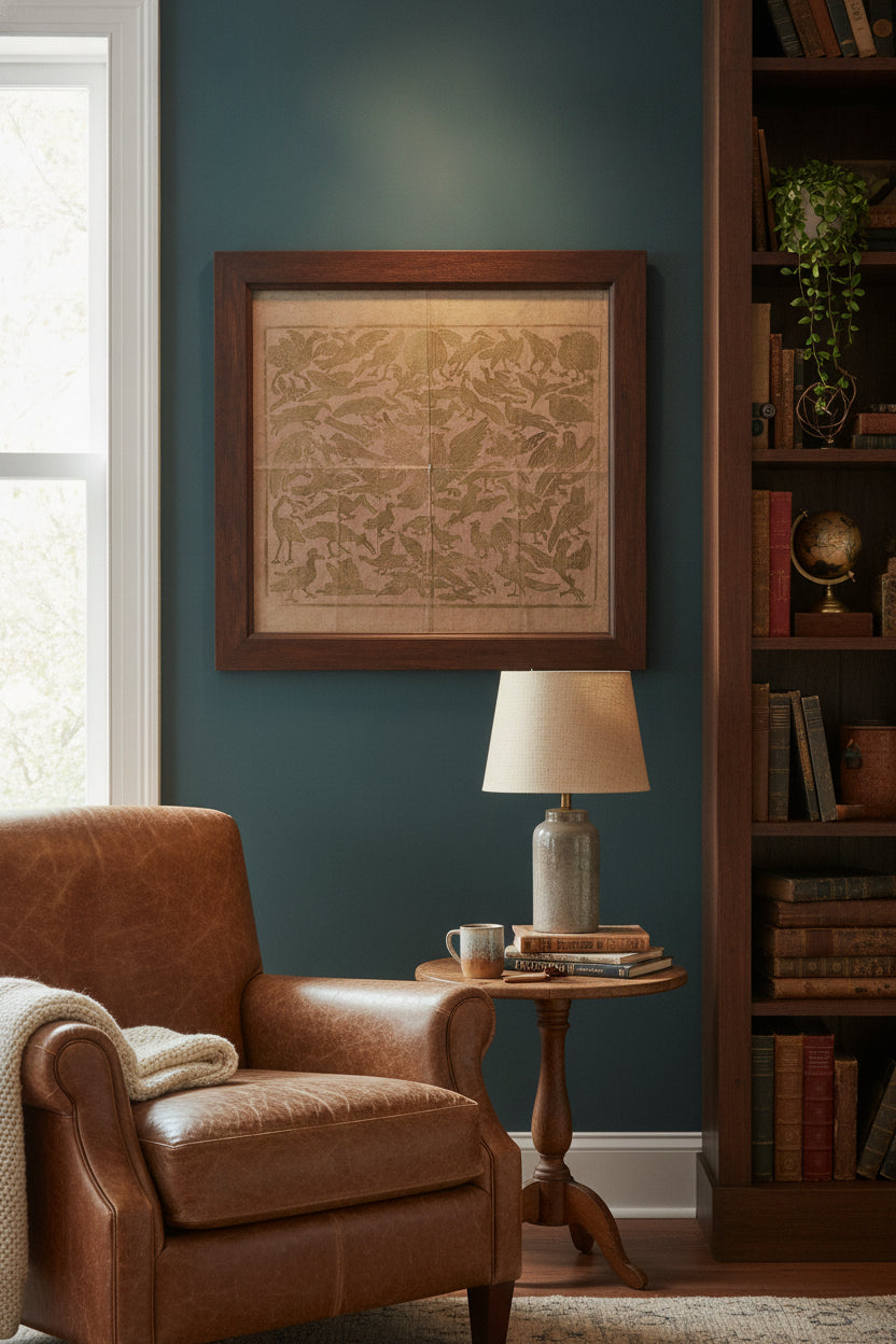 Endpaper with Birds — framed art in a styled interior