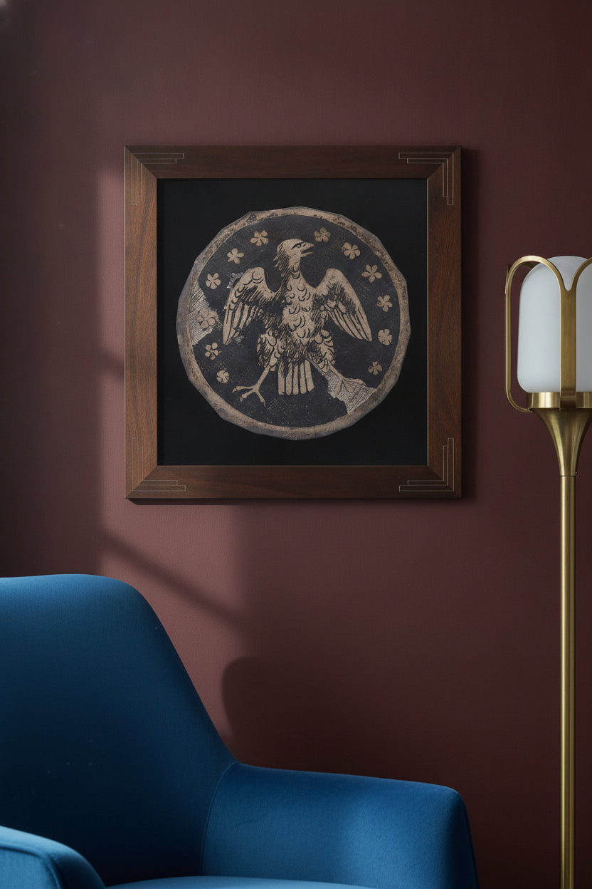 Heraldic Eagle in a Flowered Field — framed art in a styled interior